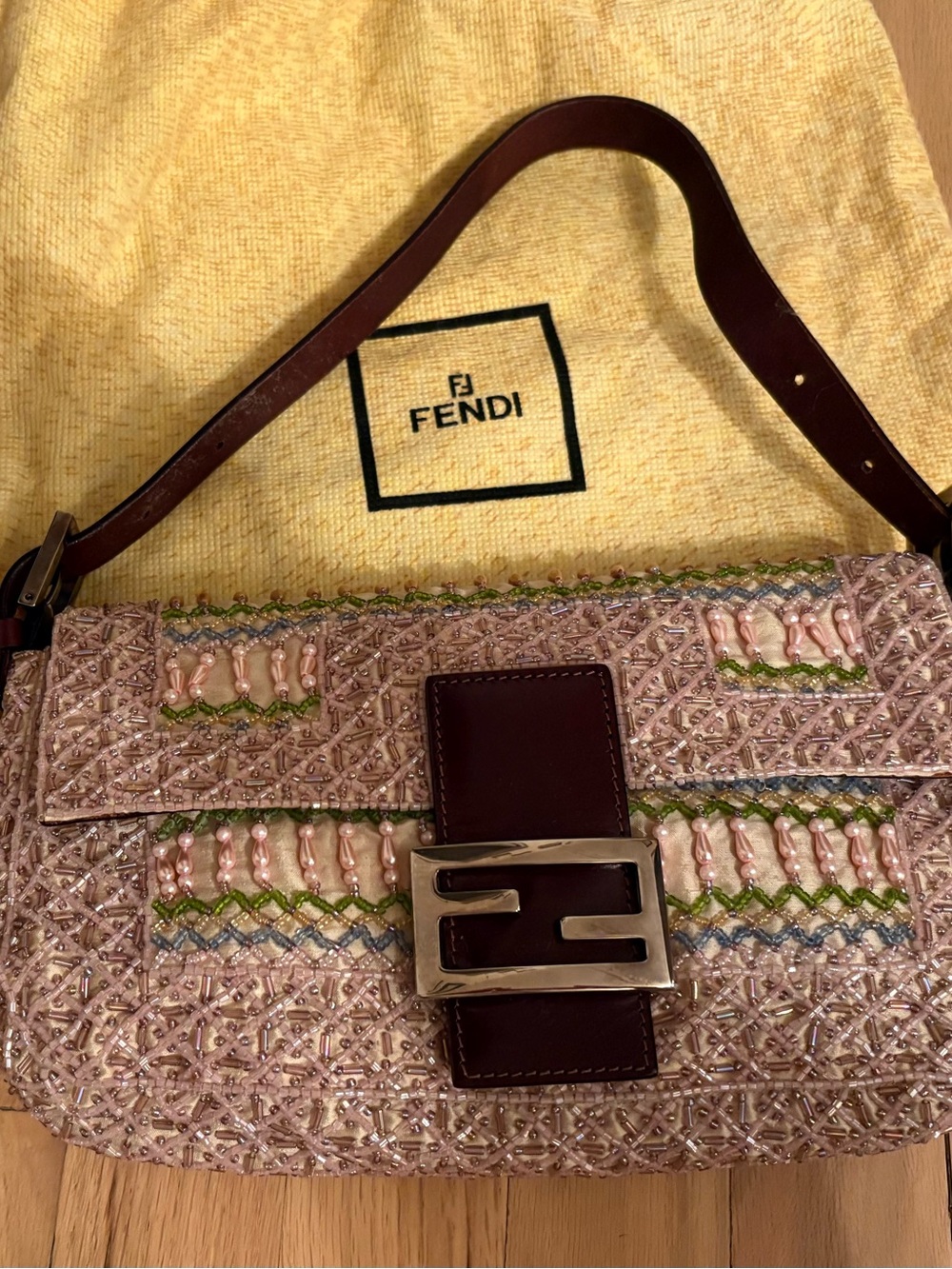 Fendi Pink Beaded Shoulder Bag with Brown Strap